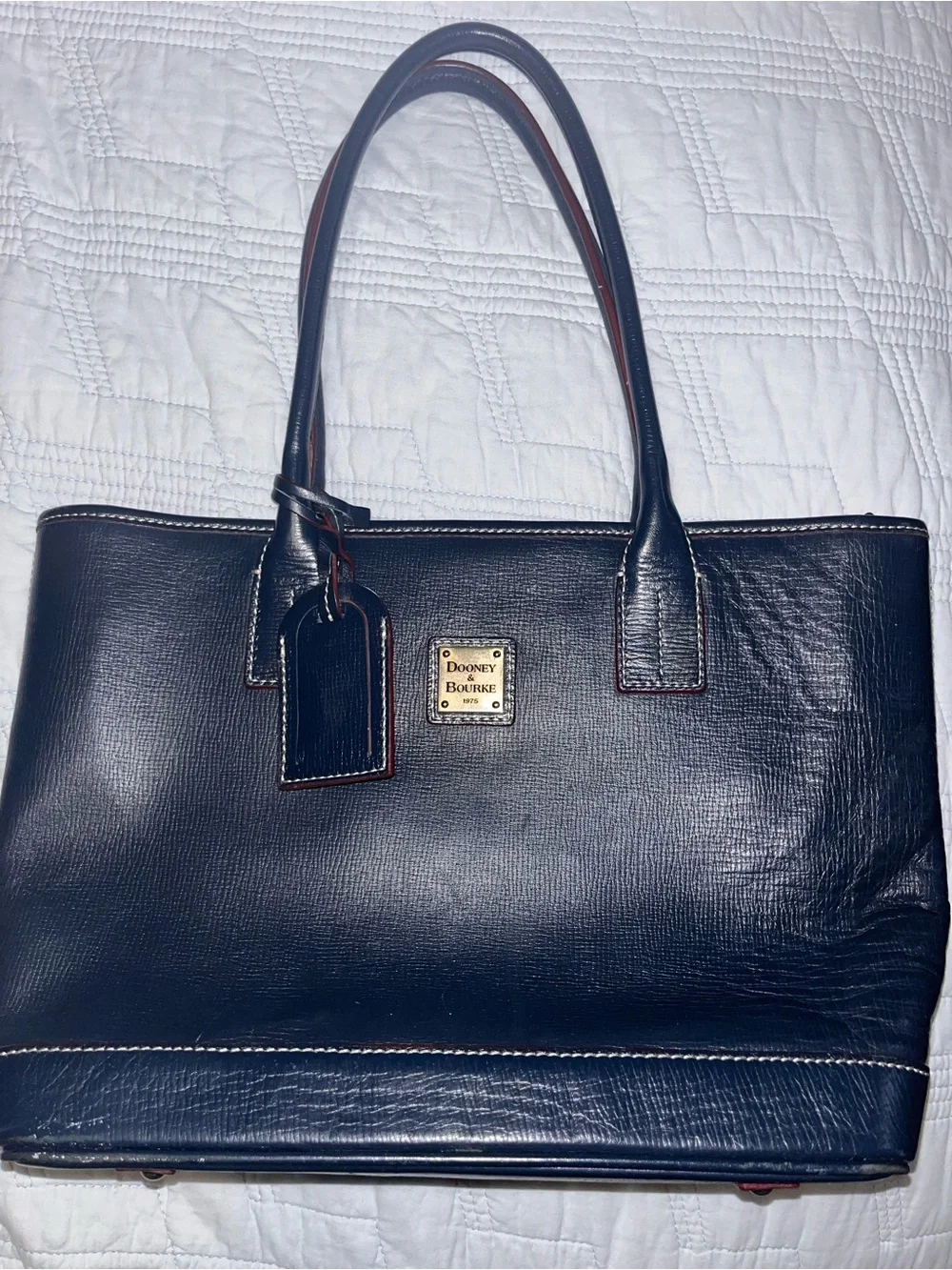 Dooney & Bourke Navy Leather Tote with Gold Logo Plaque